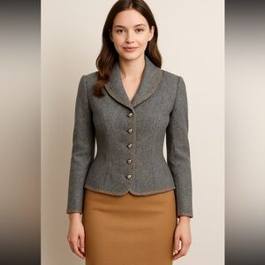 Cynthia Rowley Gray Wool Blazer Camel Color Stitching Tailored Preppy Chic